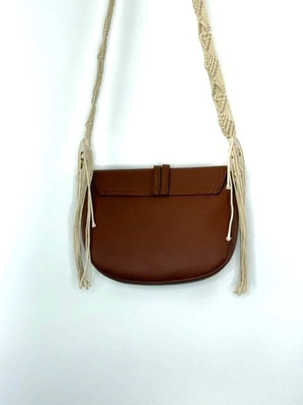 NWOT SCOOP Brown Faux Leather Crossbody Bag Macrame Strap Boho Festival Tassel